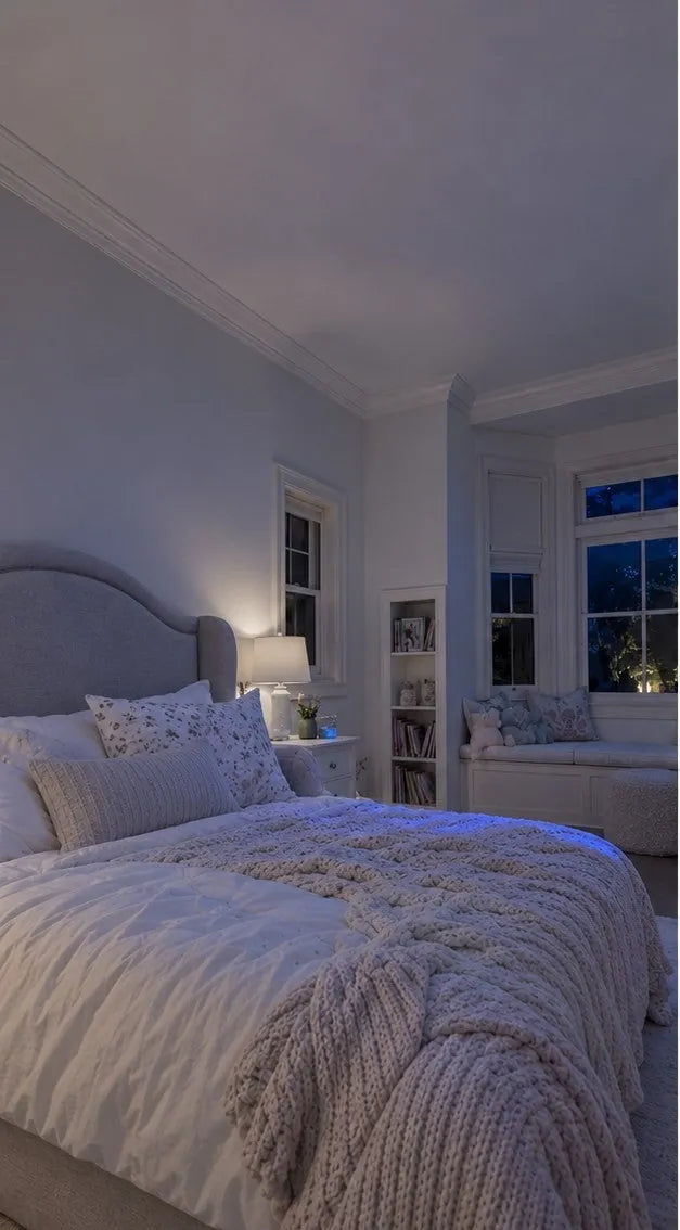 A bedroom with the lights on, before AquaDream