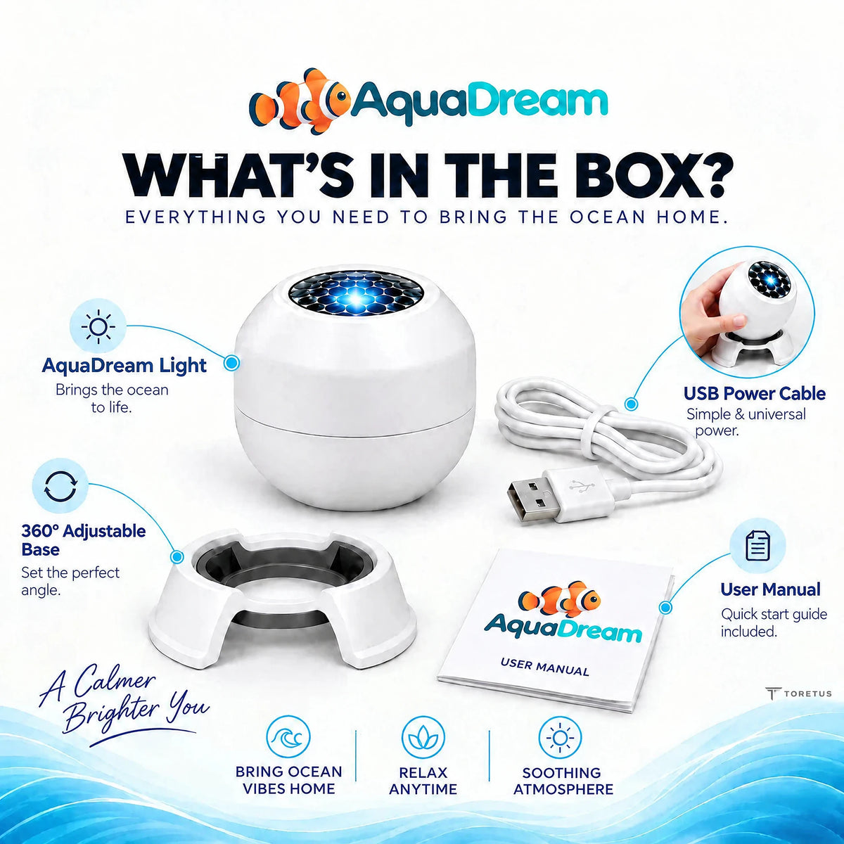 What's in the box: AquaDream light, USB cable, adjustable base and user manual