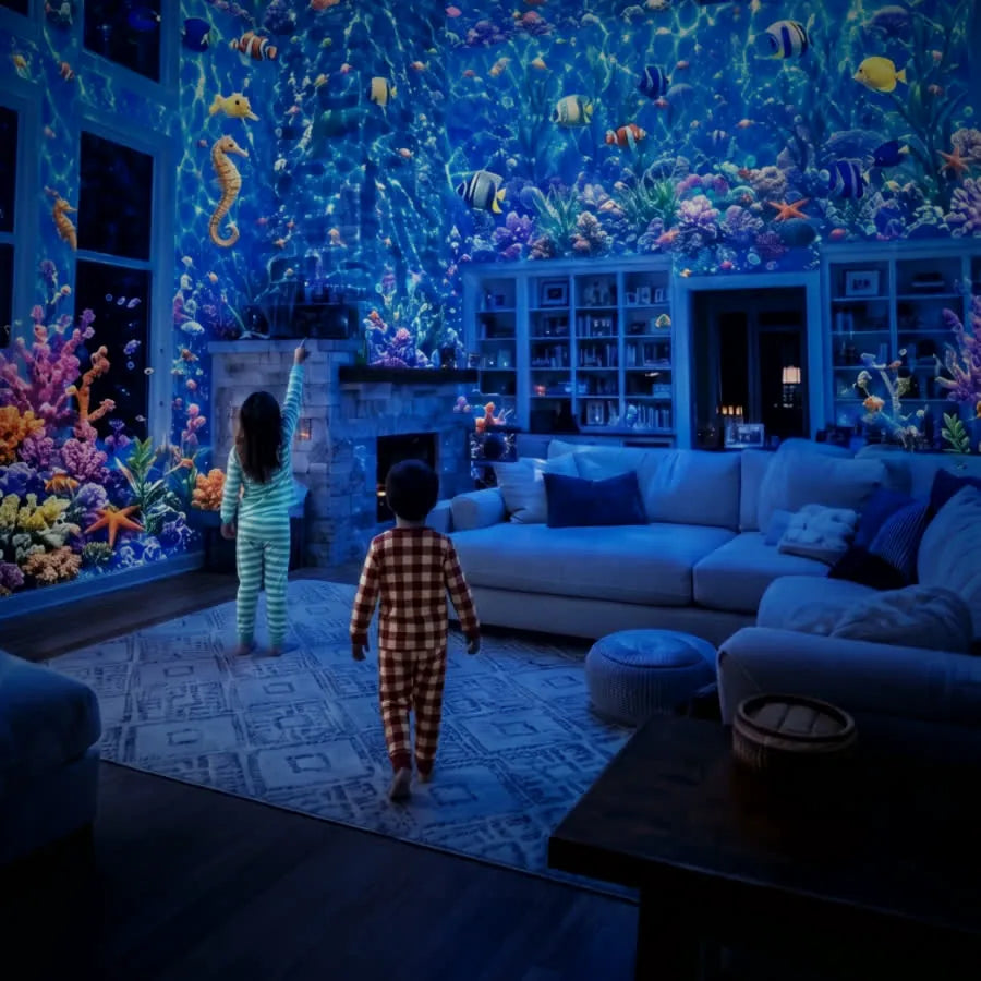 Children playing in a living room filled with coral light