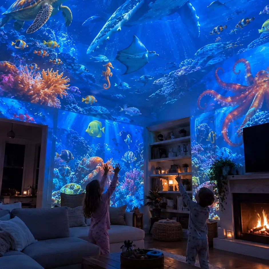 Children reaching toward an ocean projection in a living room