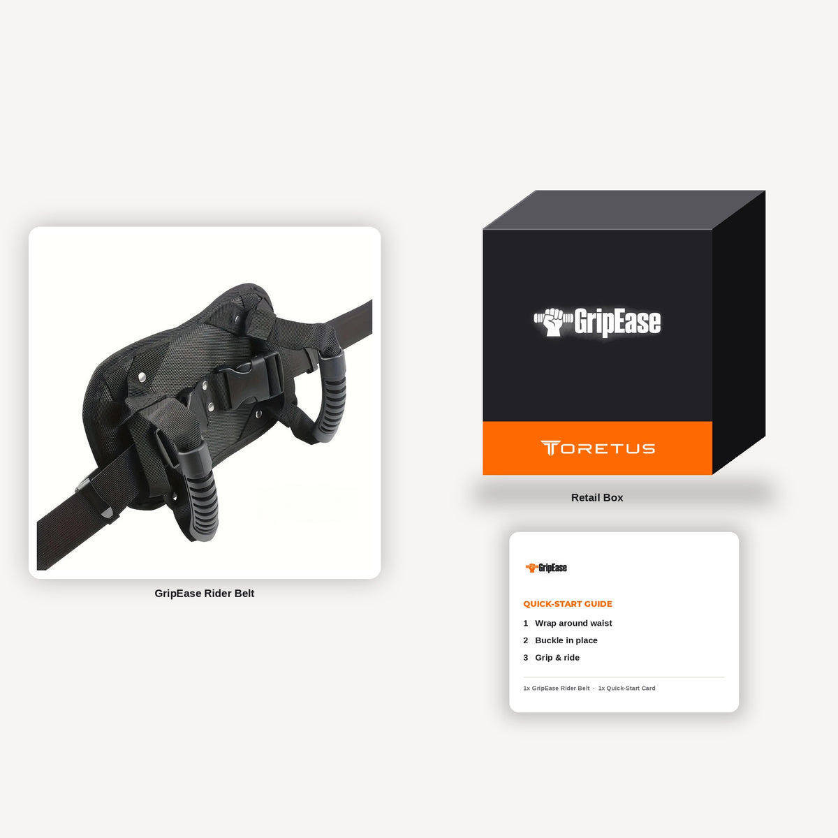What's in the GripEase box: rider belt, quick-start card, boxed with the Toretus logo