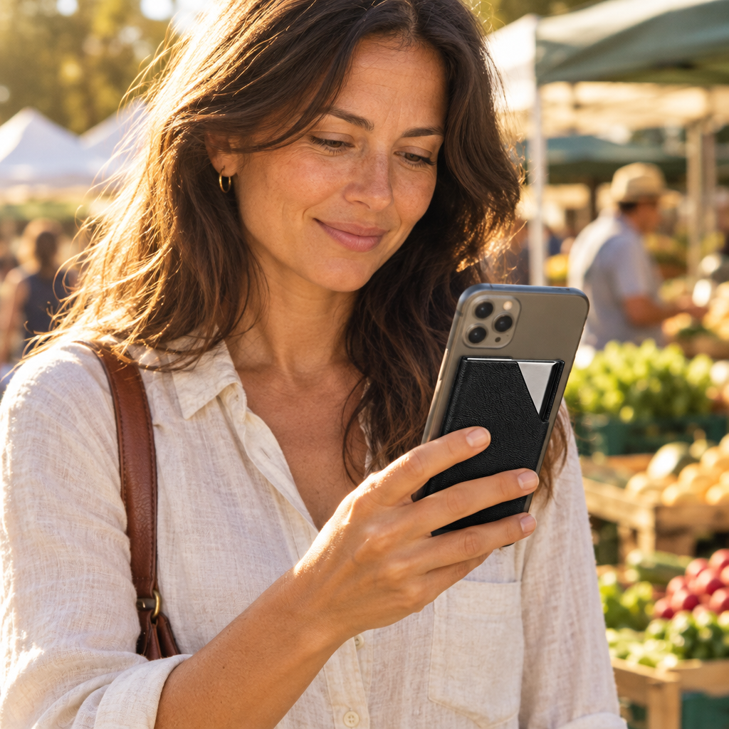 Woman at a sunlit market holding a phone with HushPocket