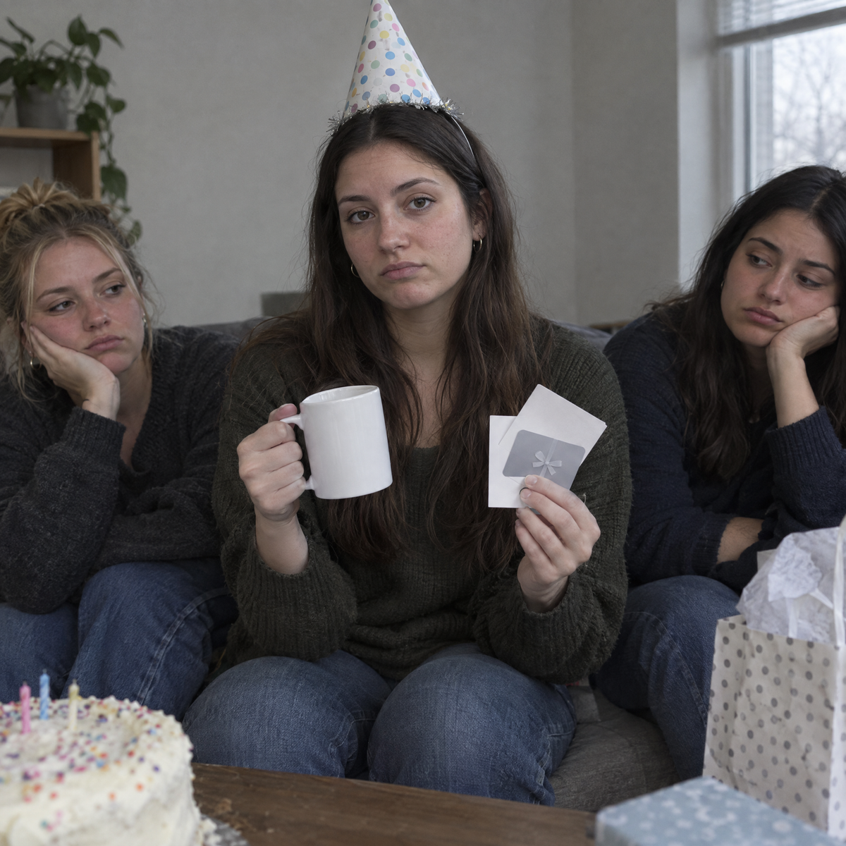 Bored group at a birthday with a plain mug and a gift card