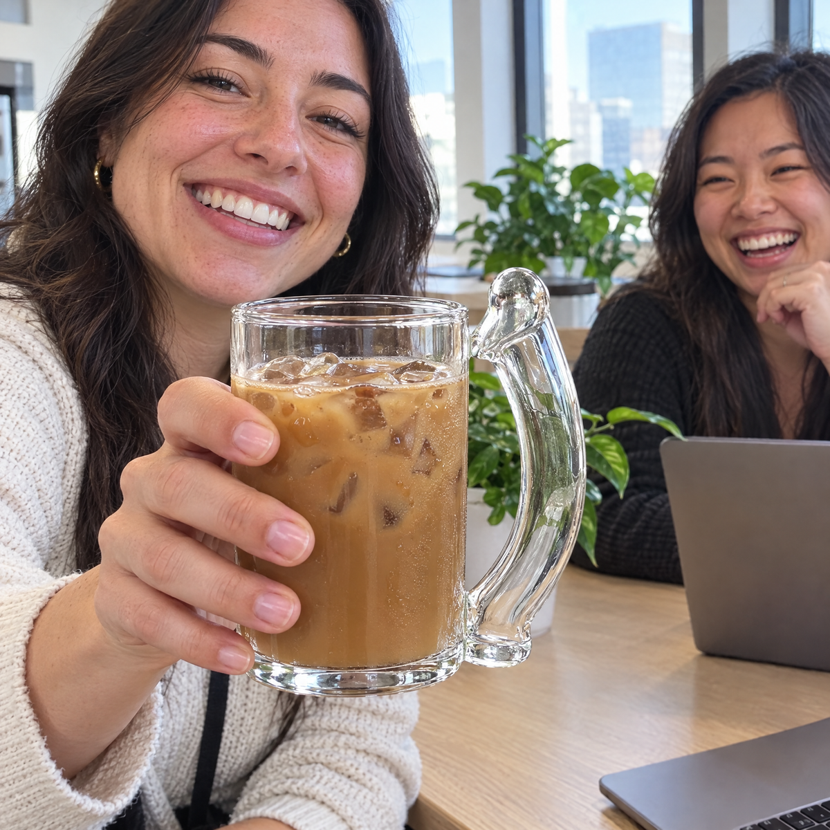 Coworkers laughing in an office break room with the Saucy Sip glass