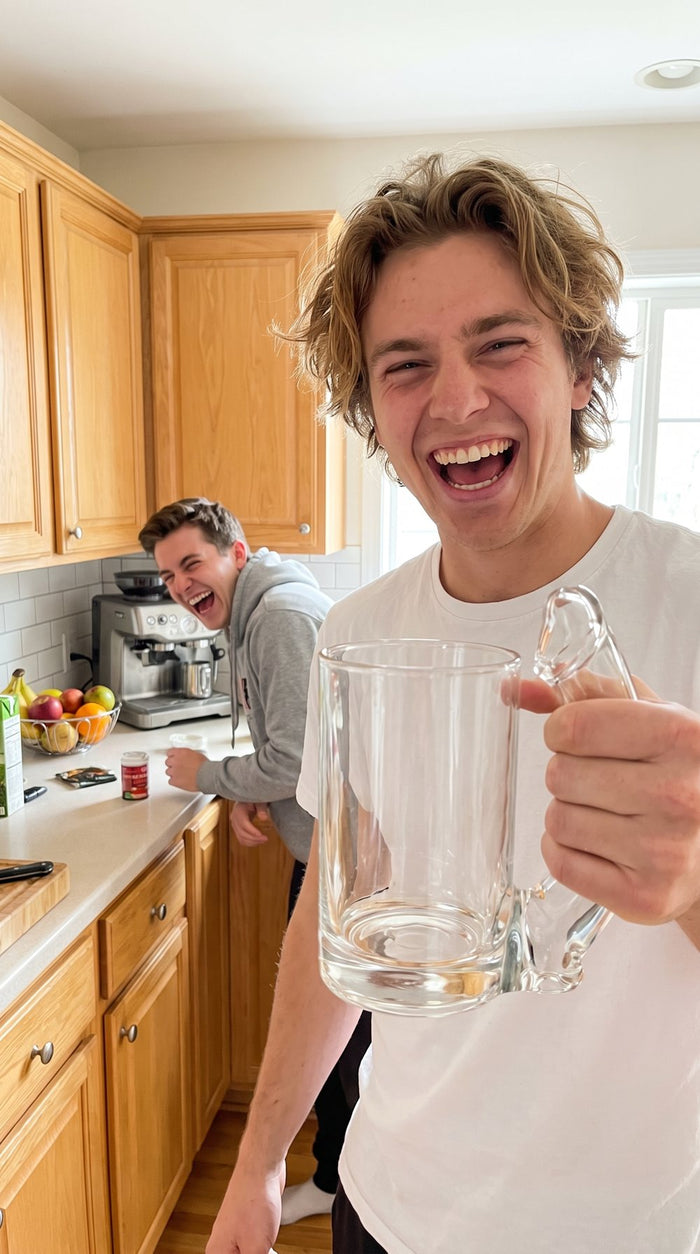 Customer photo: two friends laughing in the kitchen with the glass
