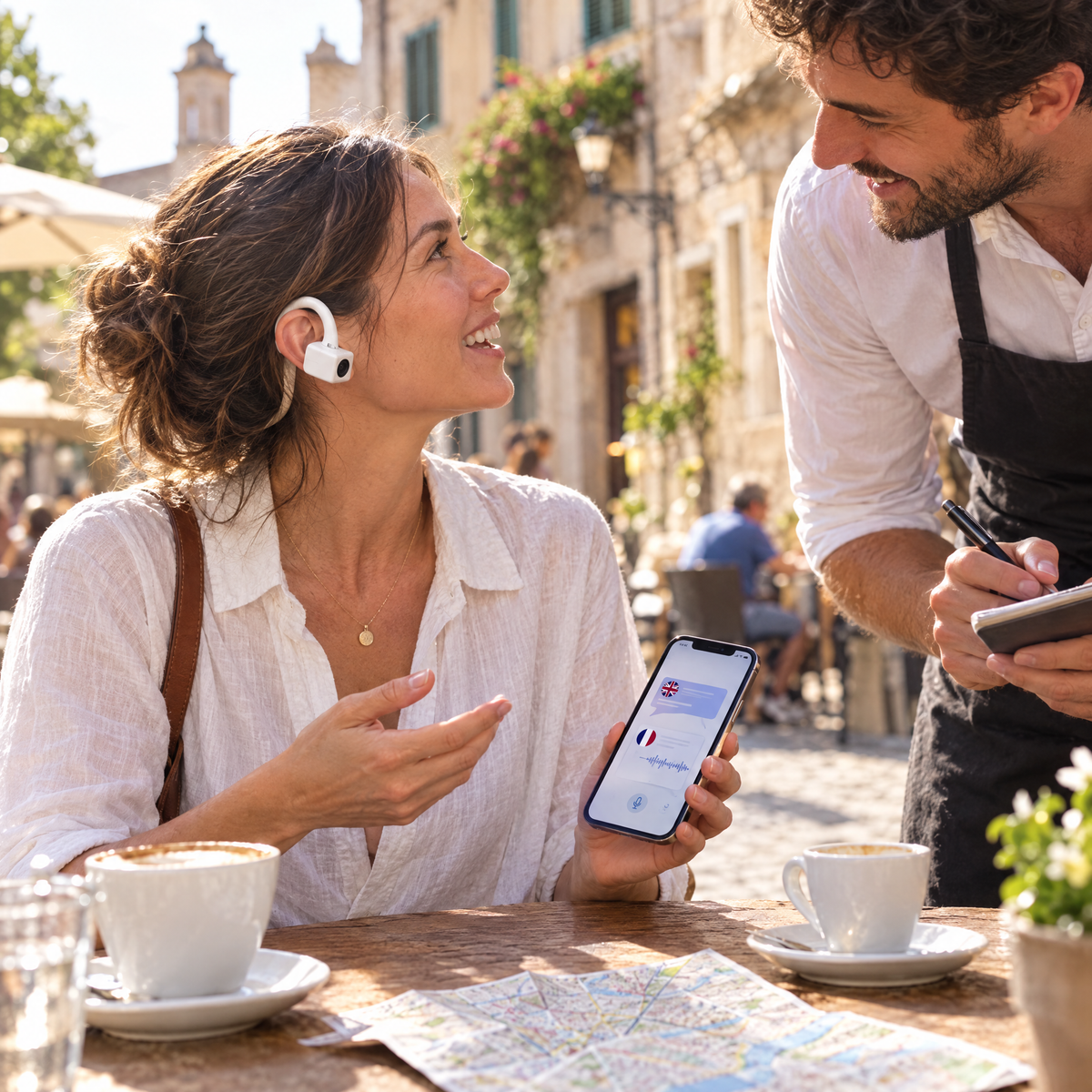 Traveler at a cafe using the AI translation app with Wanderlens