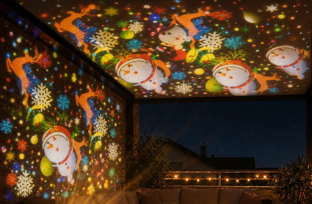 Patio ceiling and wall glowing with Christmas characters