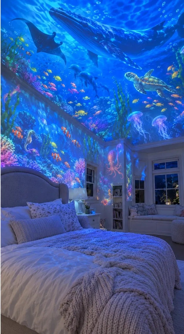 The same bedroom with AquaDream projecting an ocean across the ceiling