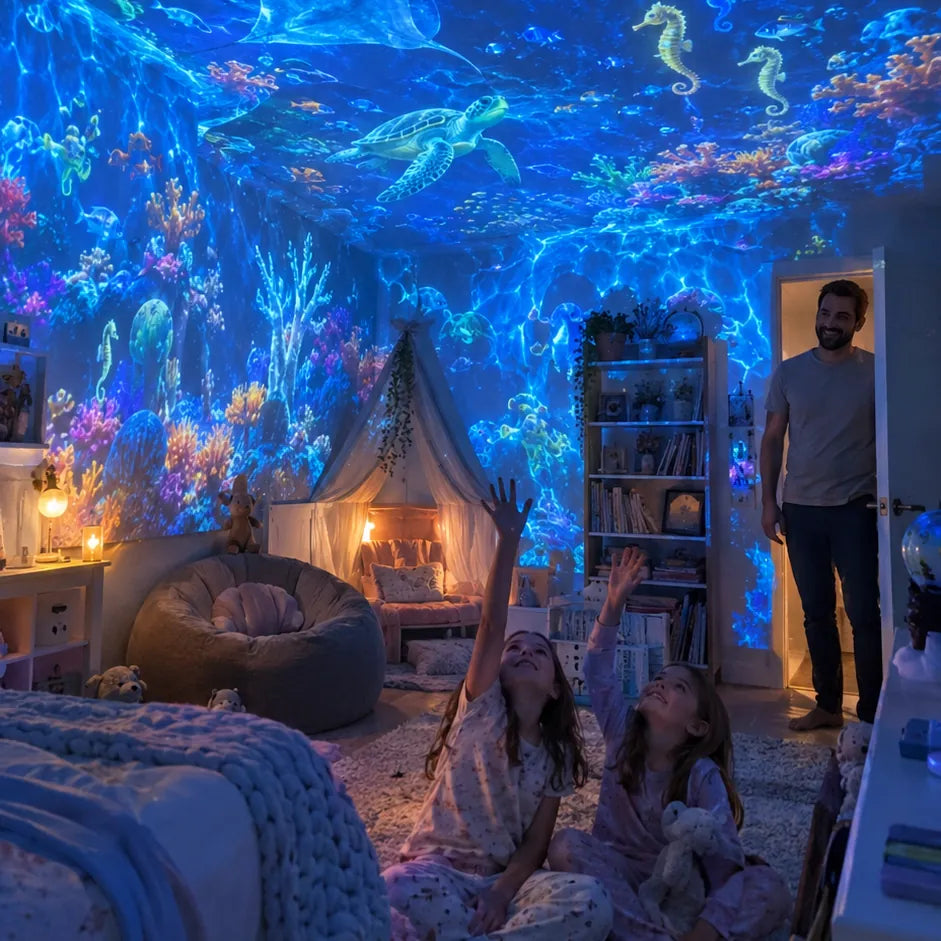 A bedroom glowing under an AquaDream ocean