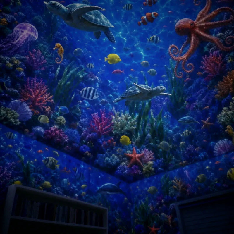 Customer photo: coral and a turtle glowing on a ceiling