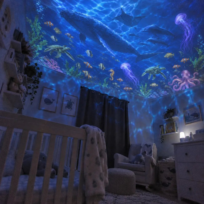 Customer photo: a nursery under a glowing ocean ceiling