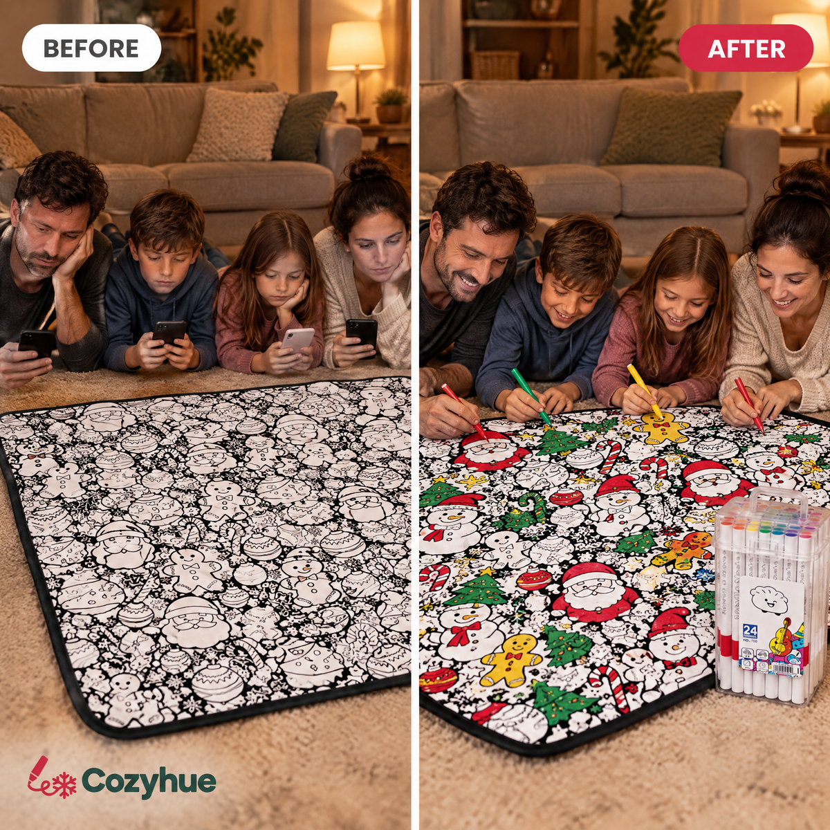 Before and after: family on phones versus family coloring the blanket together