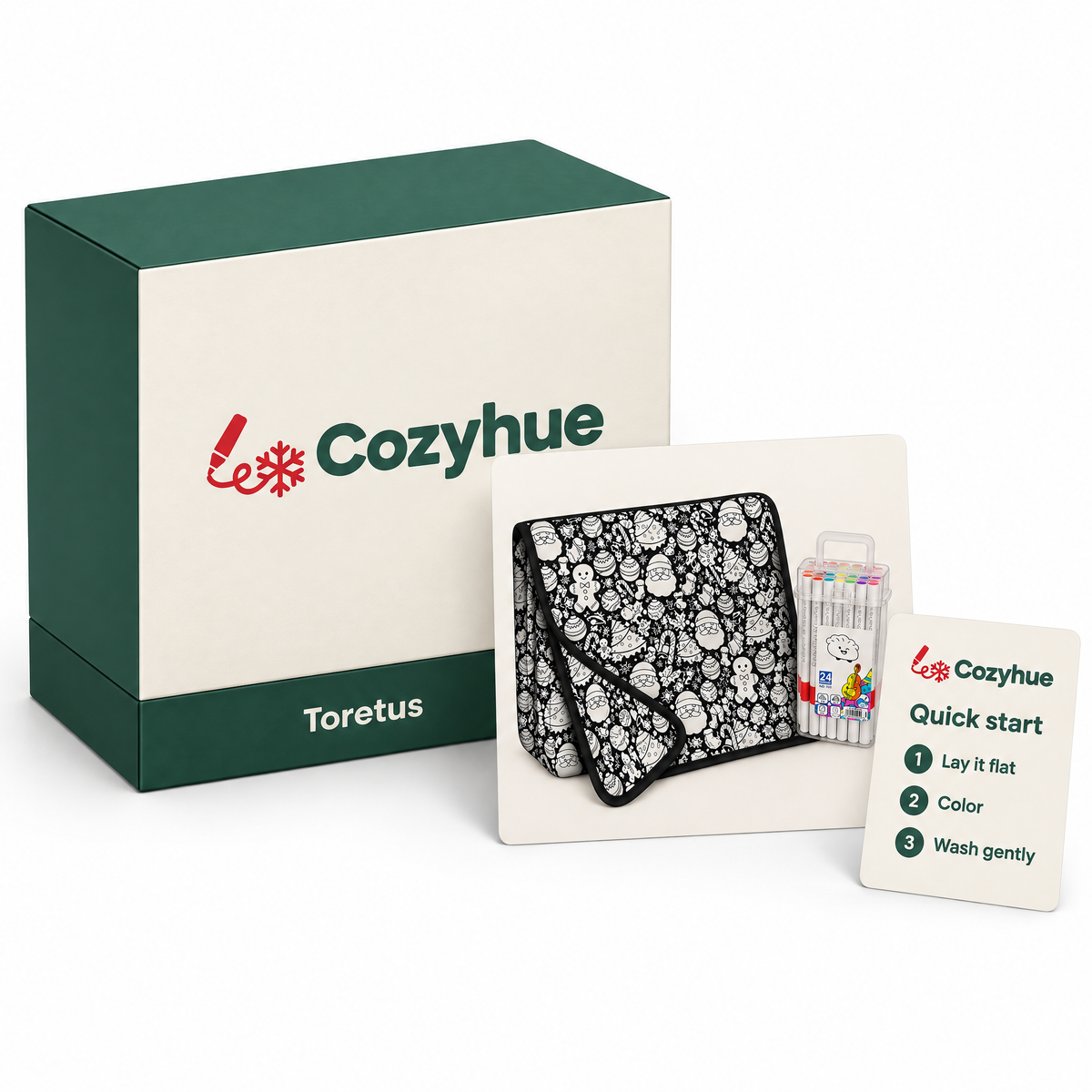 What's in the box: Cozyhue coloring blanket, 24 markers and quick-start card