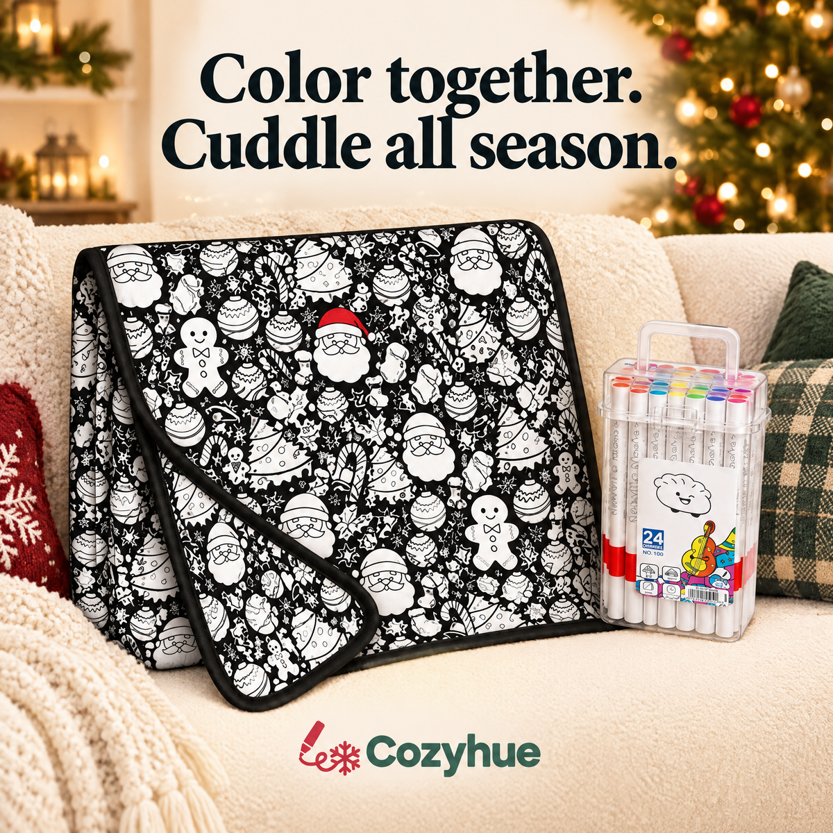 Cozyhue Christmas coloring blanket with 24 markers on a cozy sofa