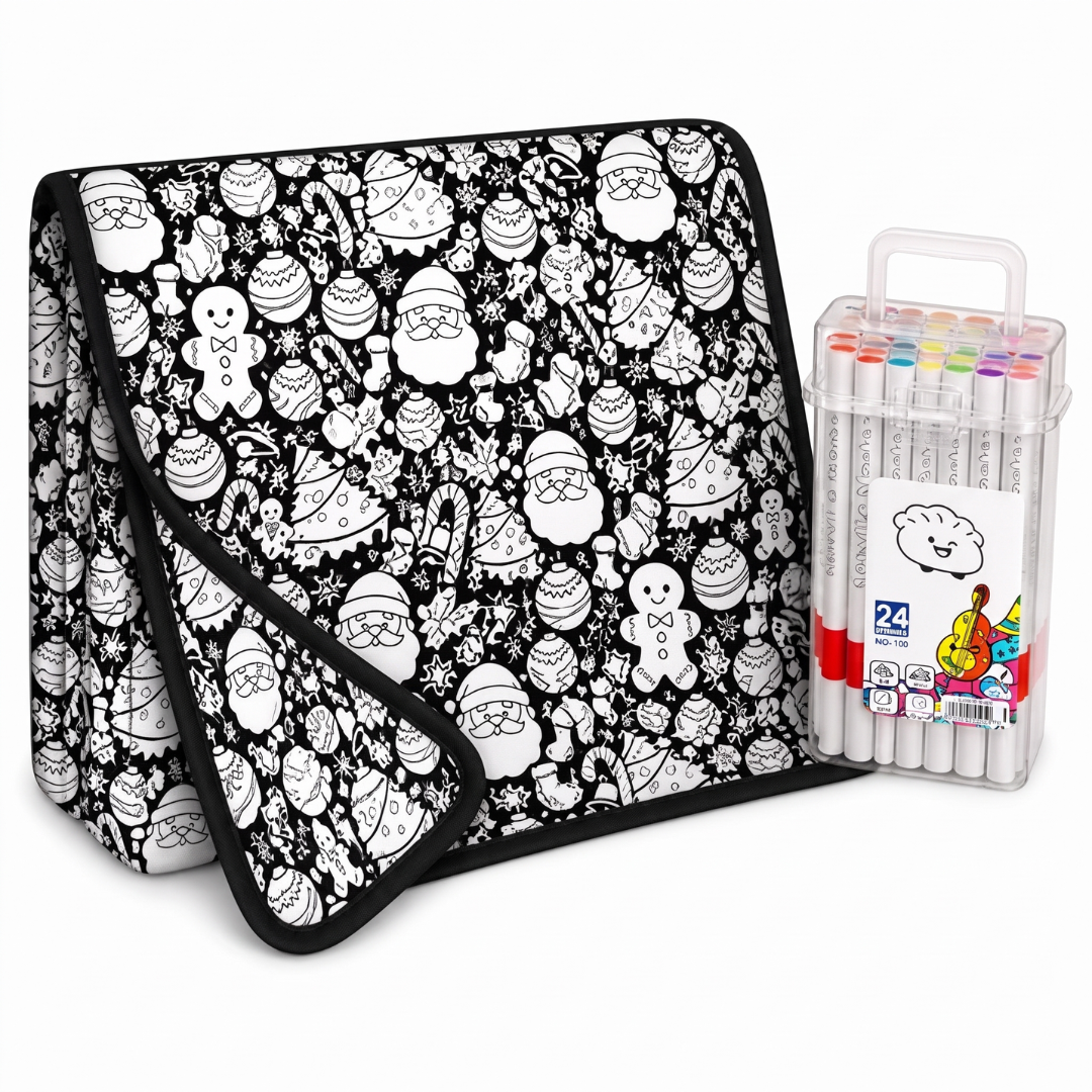 Christmas coloring blanket folded next to the 24-marker case