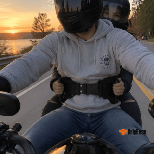 GripEase belt being buckled on a motorcycle