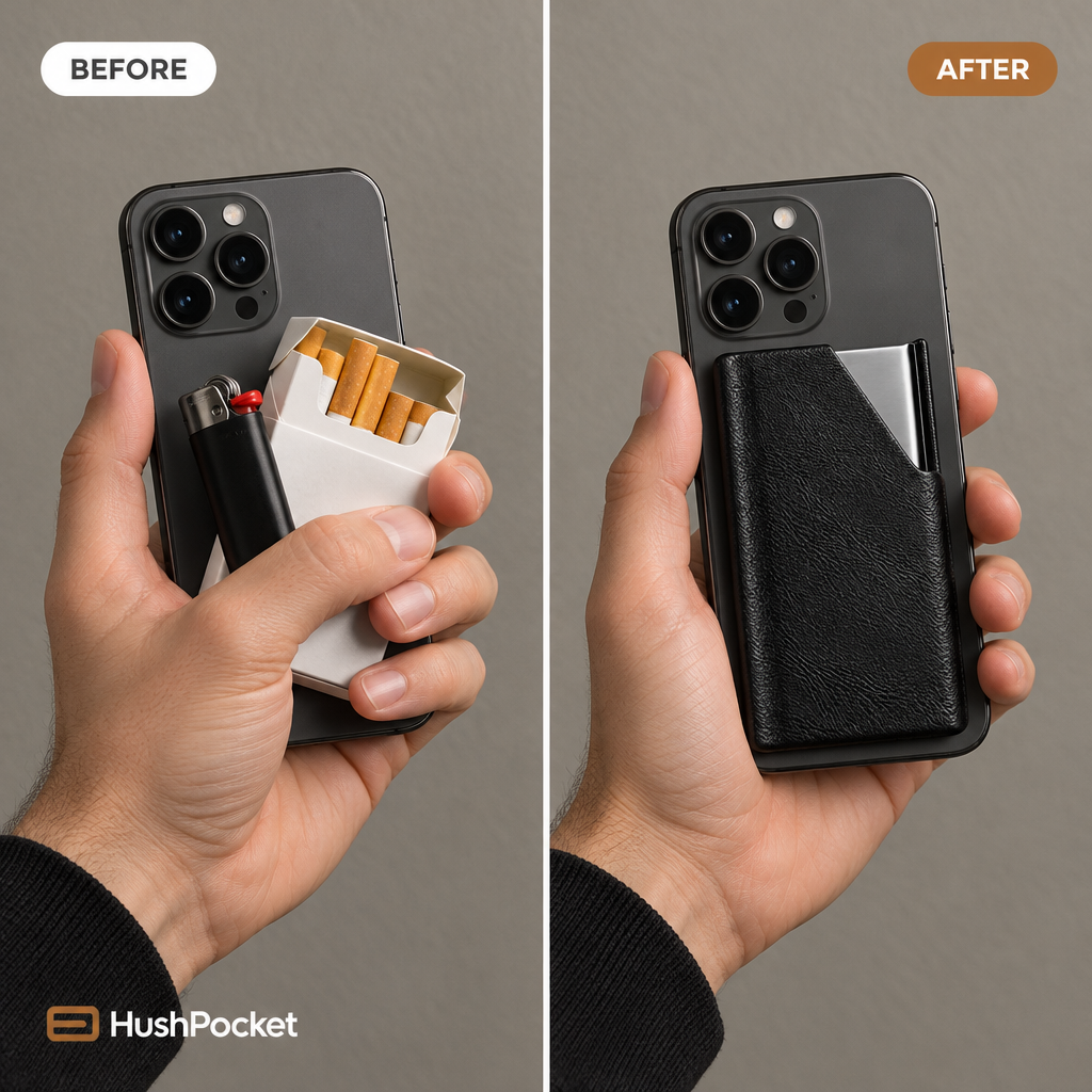 Before and after: loose phone and cigarettes versus phone with HushPocket