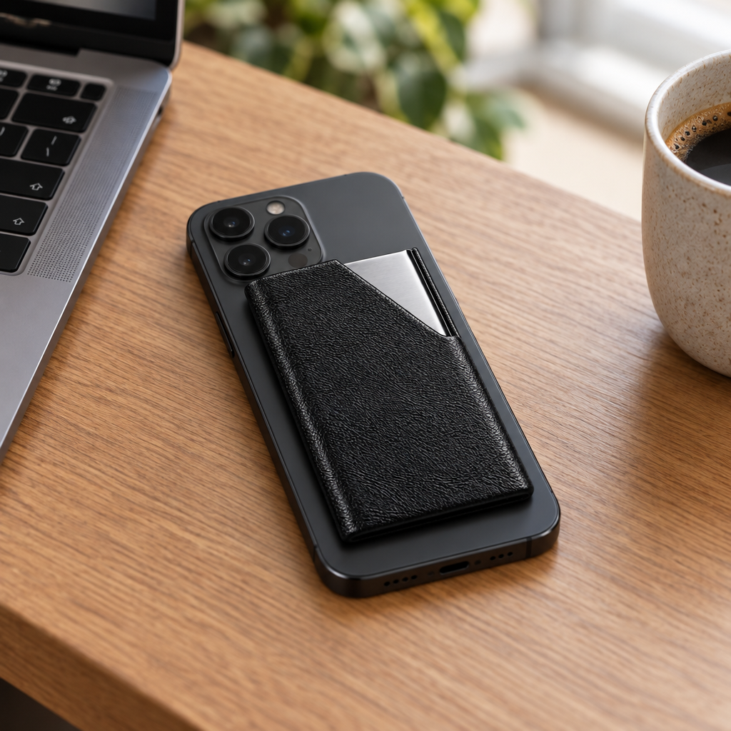 Phone with HushPocket on a desk next to a laptop