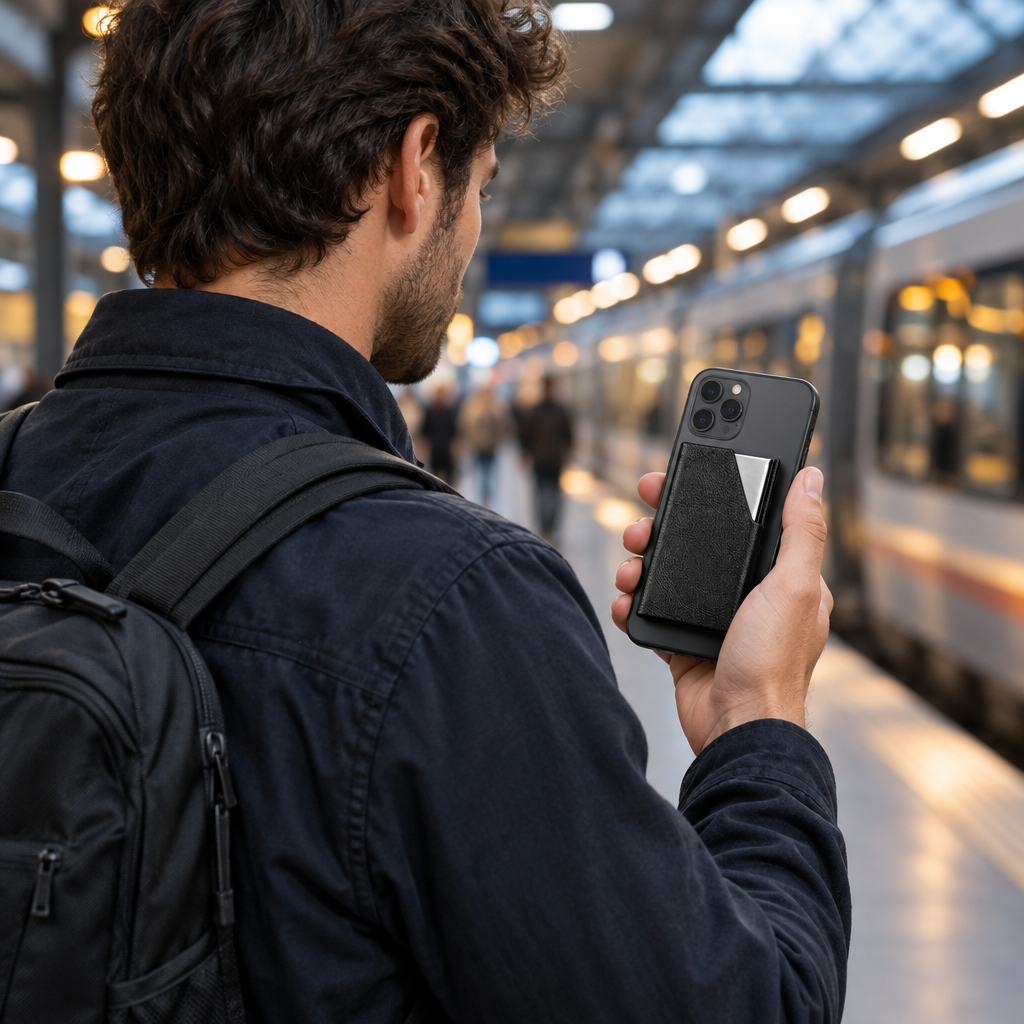 Traveler in a train station holding a phone with HushPocket
