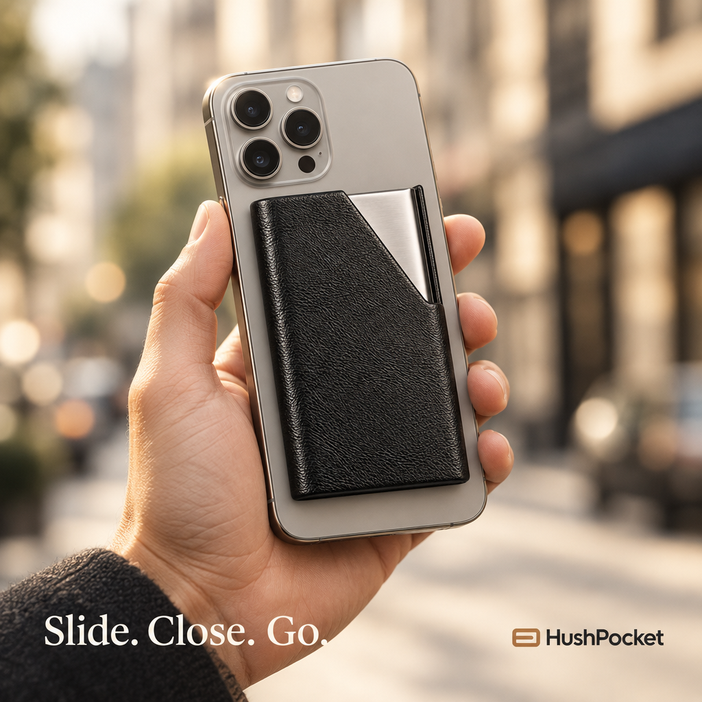 HushPocket slide holder on the back of a phone, Slide. Close. Go.