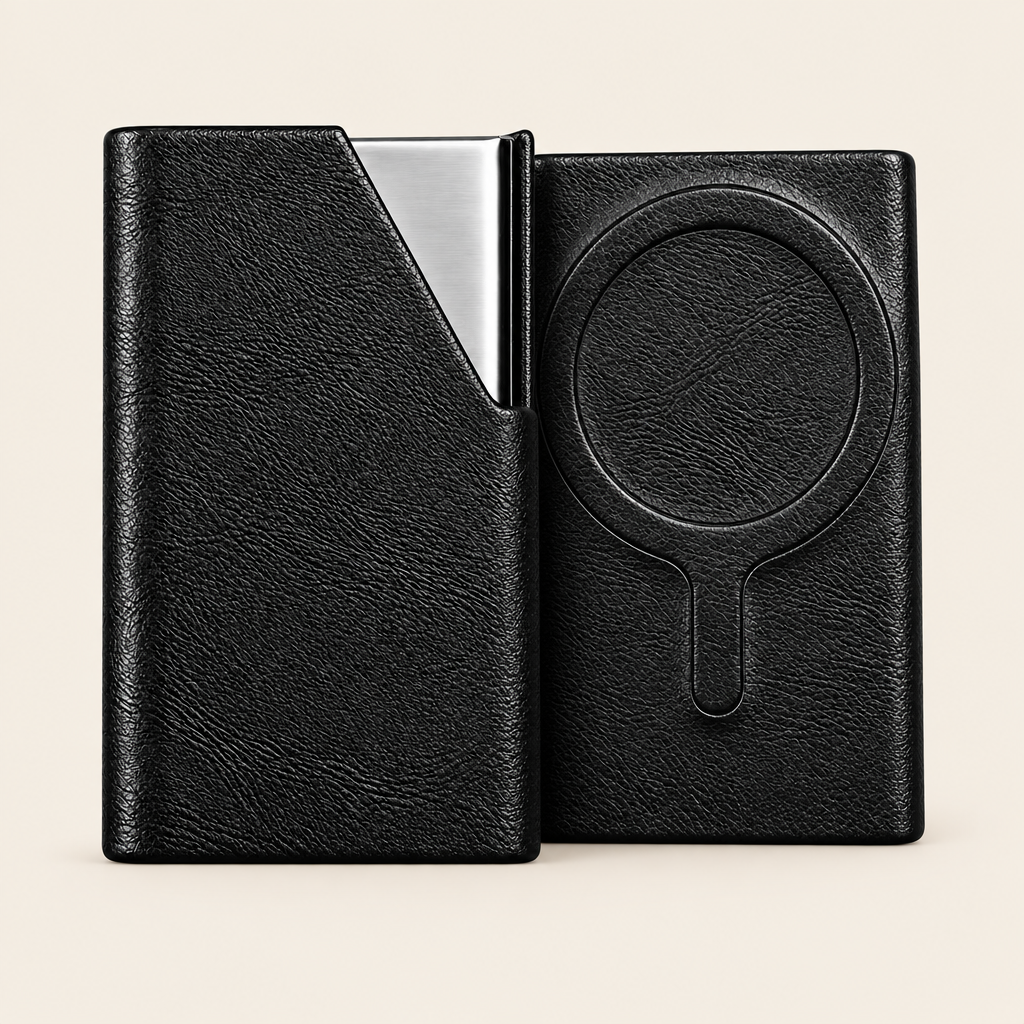 HushPocket slide holder, front and back, on cream background