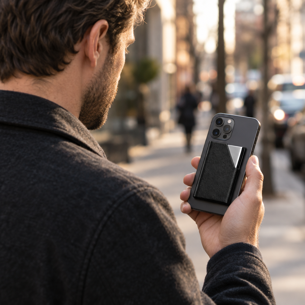 Man on a city sidewalk holding a phone with the HushPocket holder
