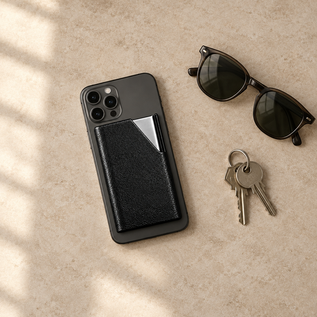 Phone with HushPocket next to keys and sunglasses, nothing in your pockets