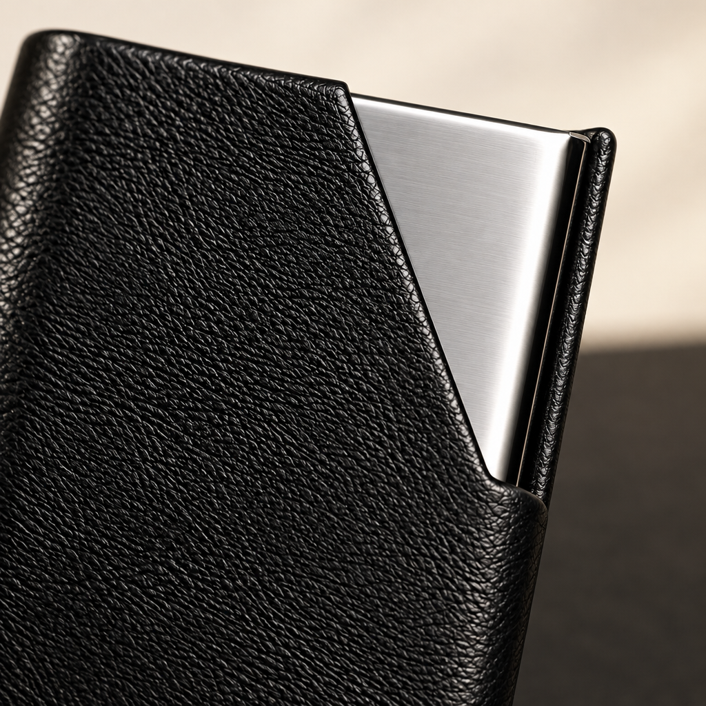 Close-up of black leather and silver-colored corner detail