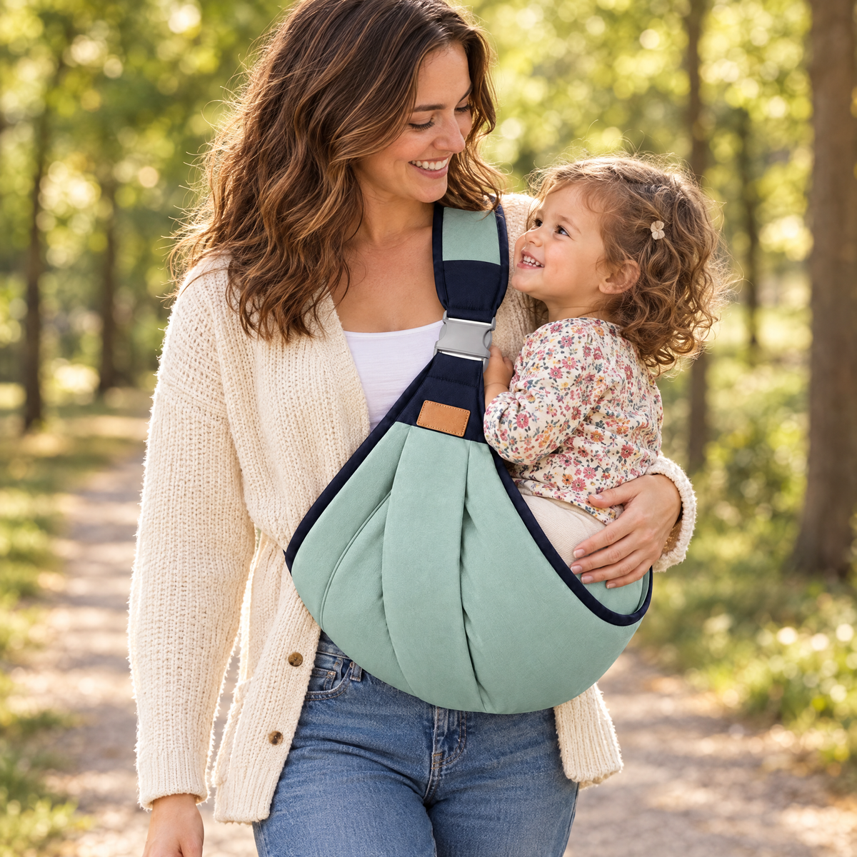 The same mother smiling, with her toddler seated in the Little Perch carrier