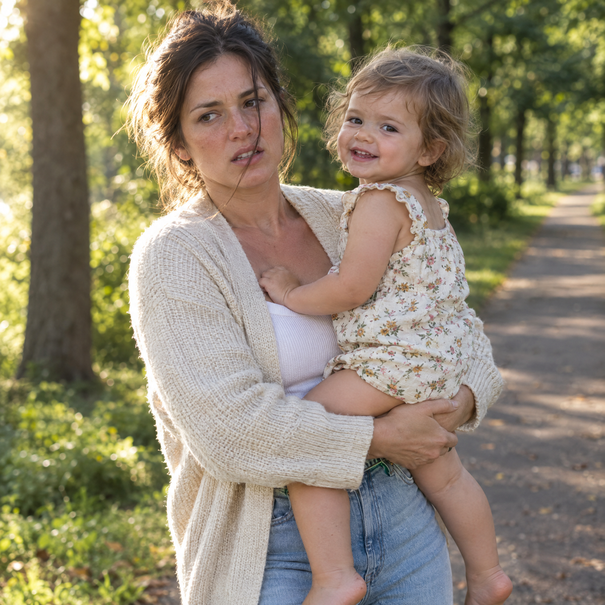 Mother carrying her toddler in her arms on a park path, looking tired