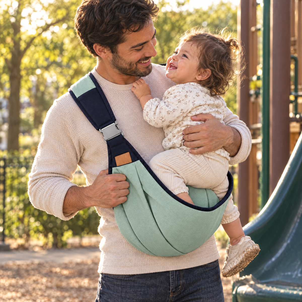 Toddler in the carrier at the playground