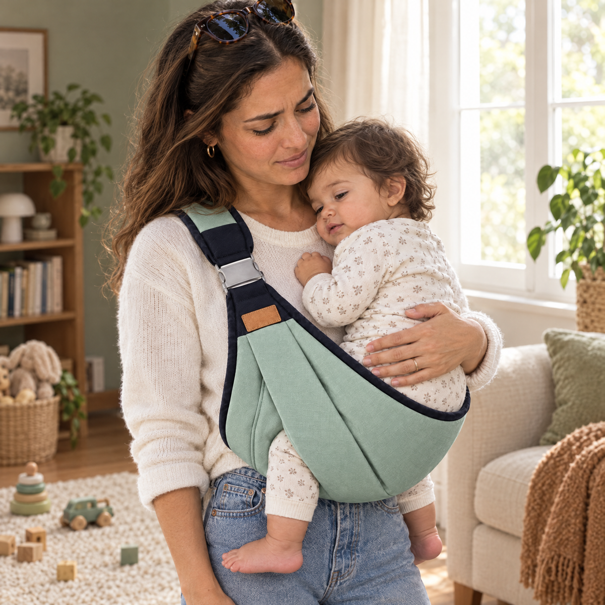 Parent and toddler at home with the carrier