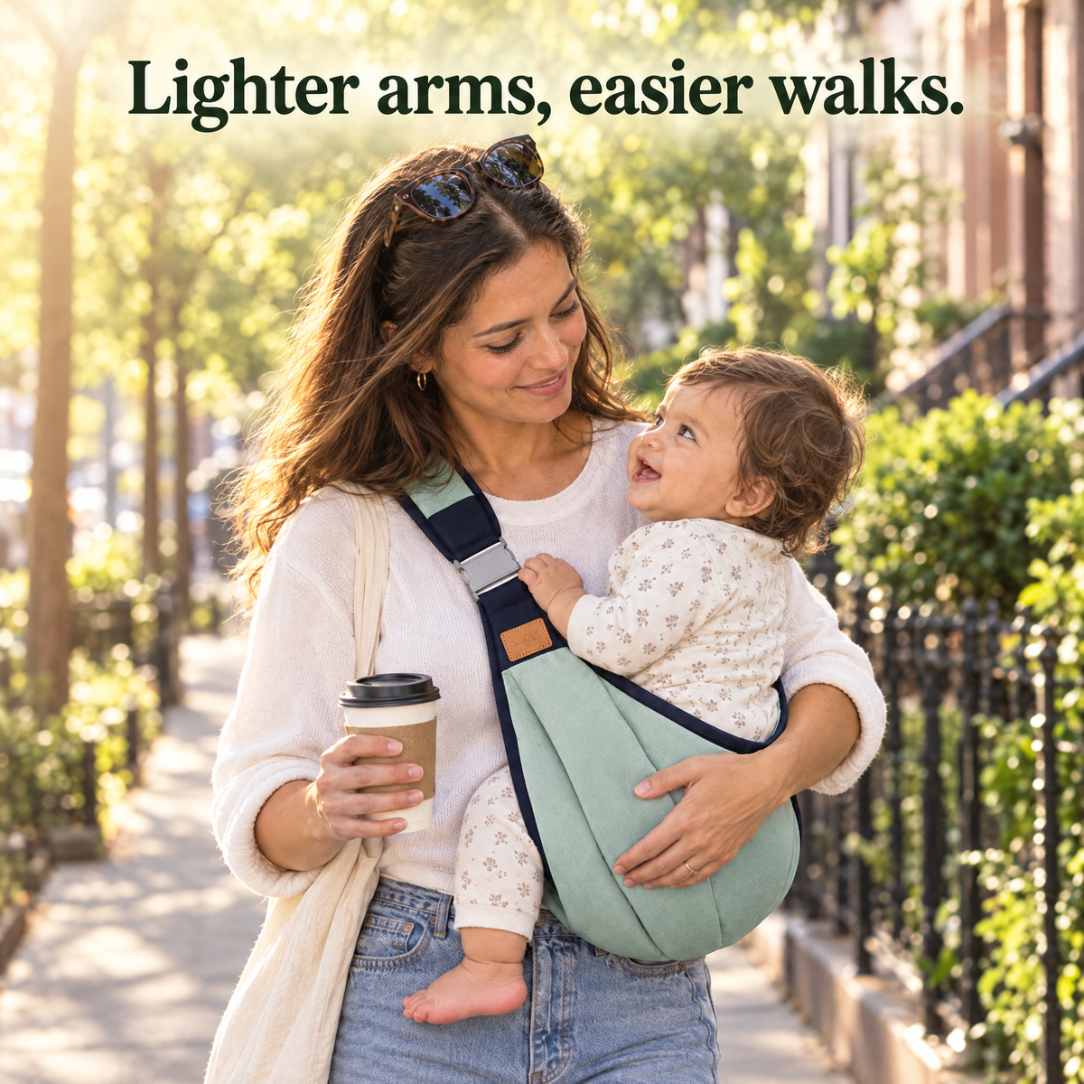 Lighter arms, easier walks: mother walking with toddler in the carrier