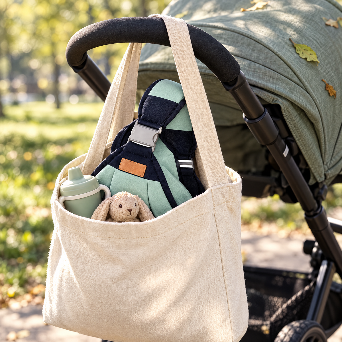 Carrier folded in a tote bag on the stroller