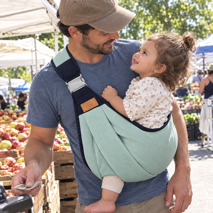 Customer photo: dad at a market with his daughter in the carrier