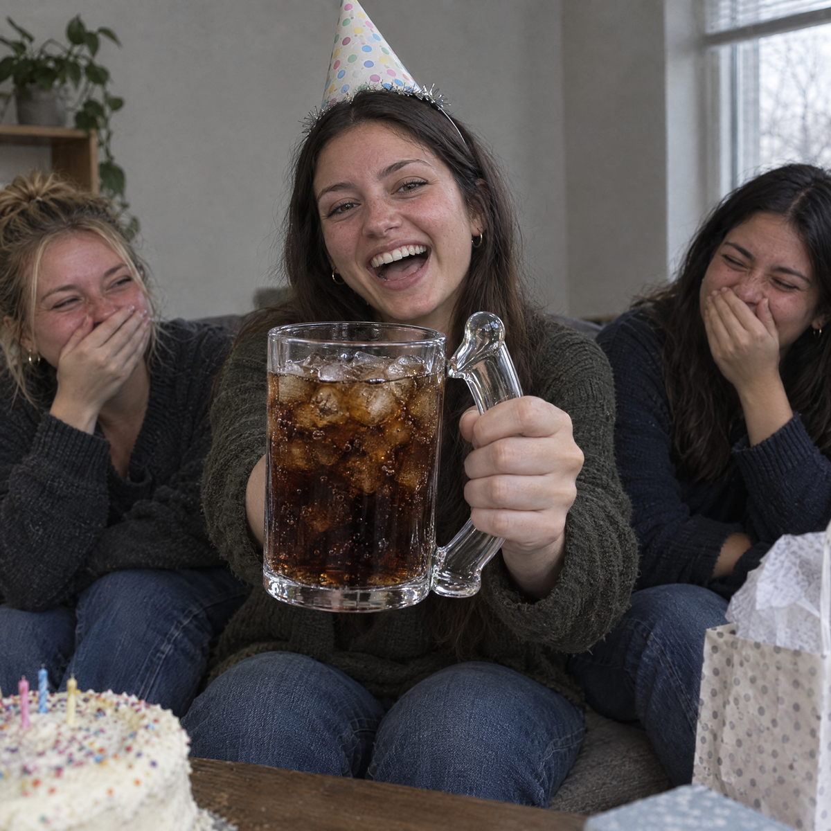 The same group laughing as she holds up the Saucy Sip glass