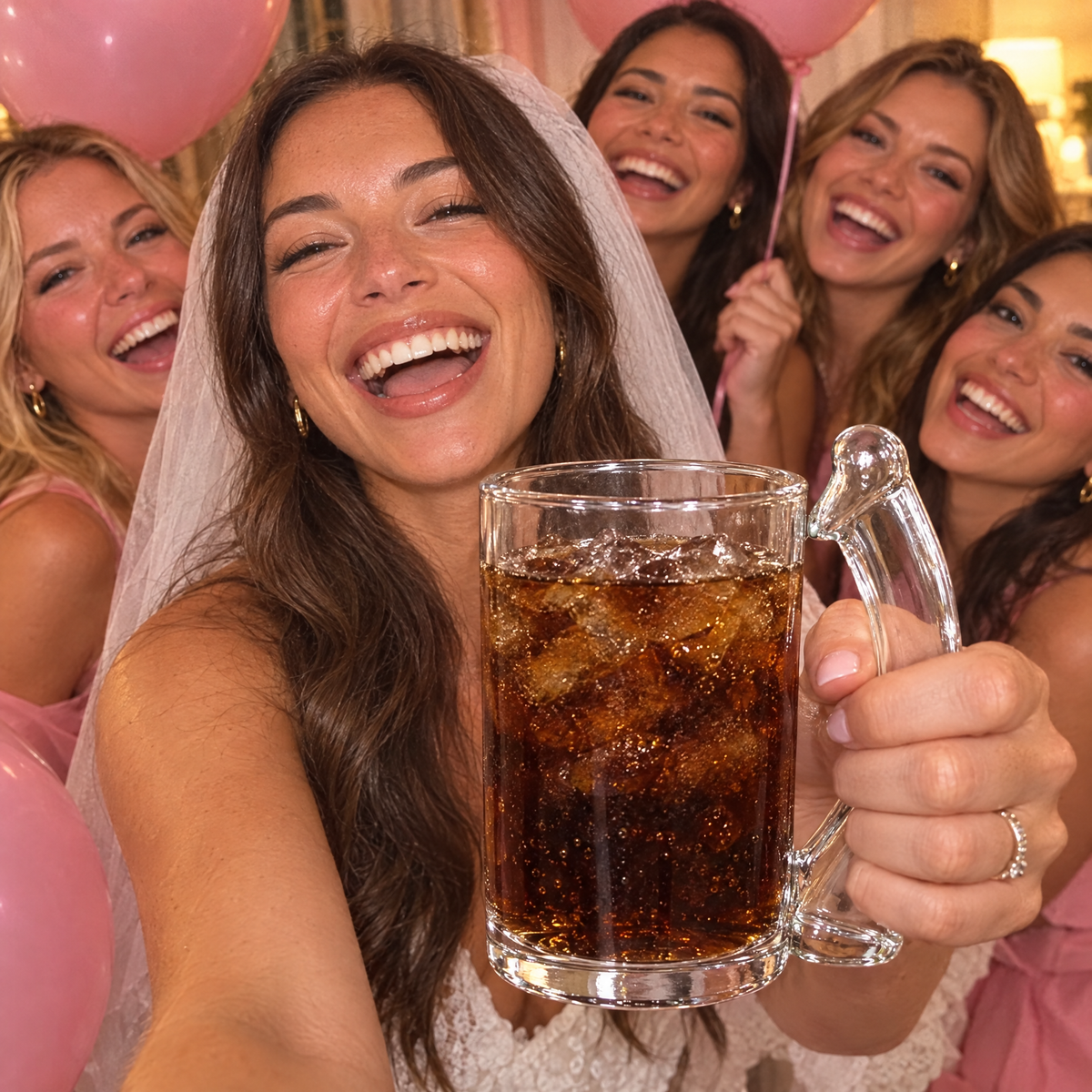 Bride-to-be laughing with bridesmaids, holding the Saucy Sip glass