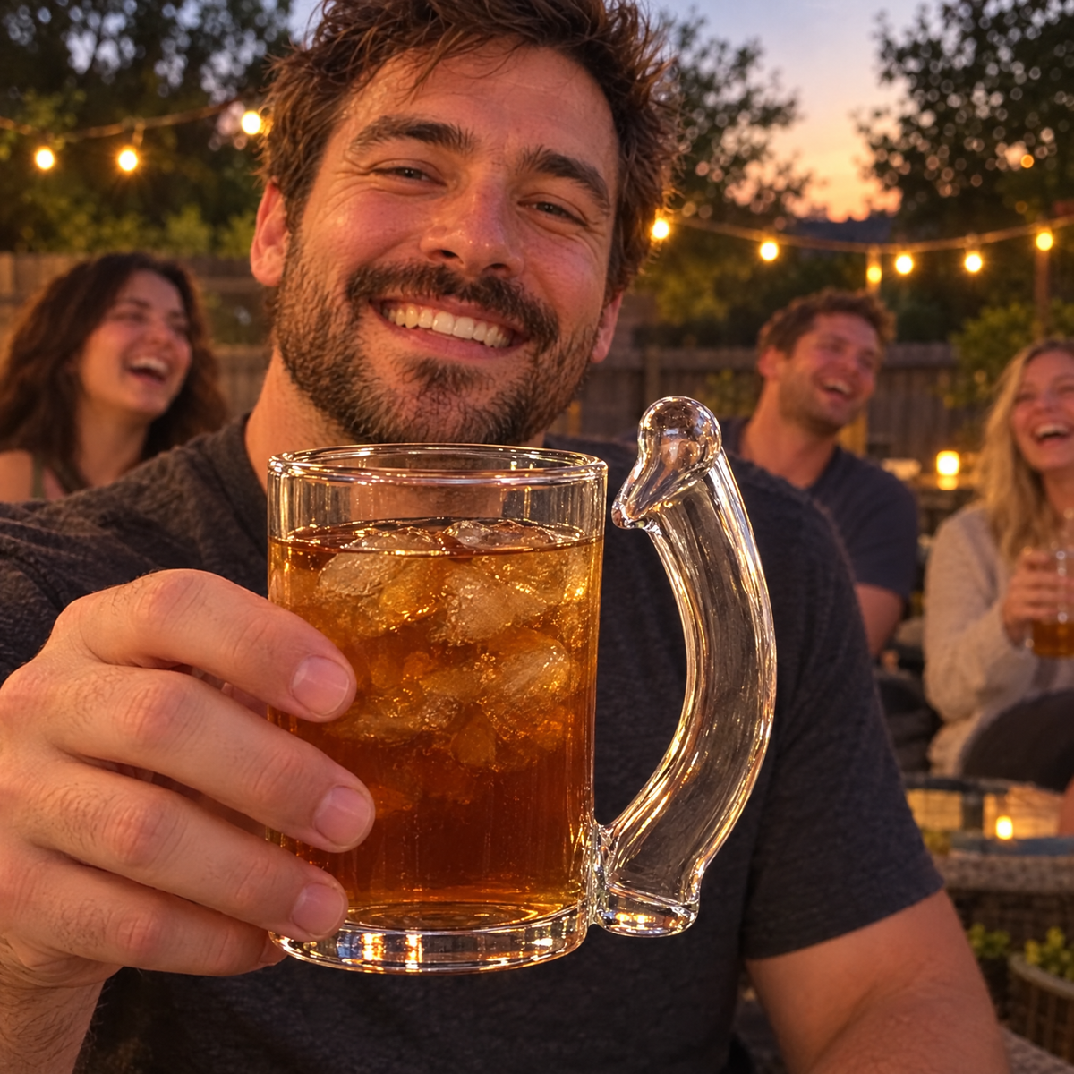 Friends on a patio at dusk raising the Saucy Sip glass