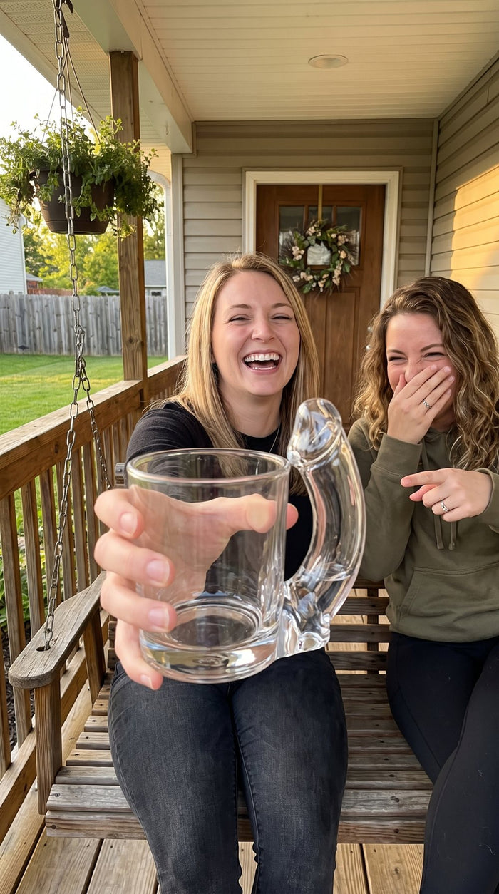 Customer photo: coworkers laughing with the glass