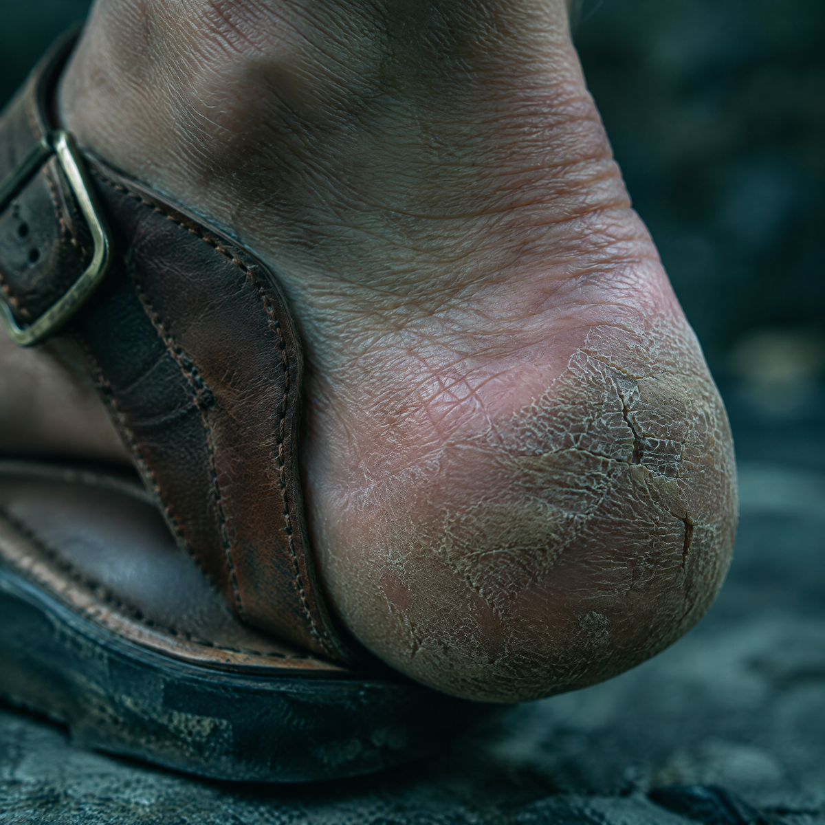 Dry, cracked heel with a sandal strap