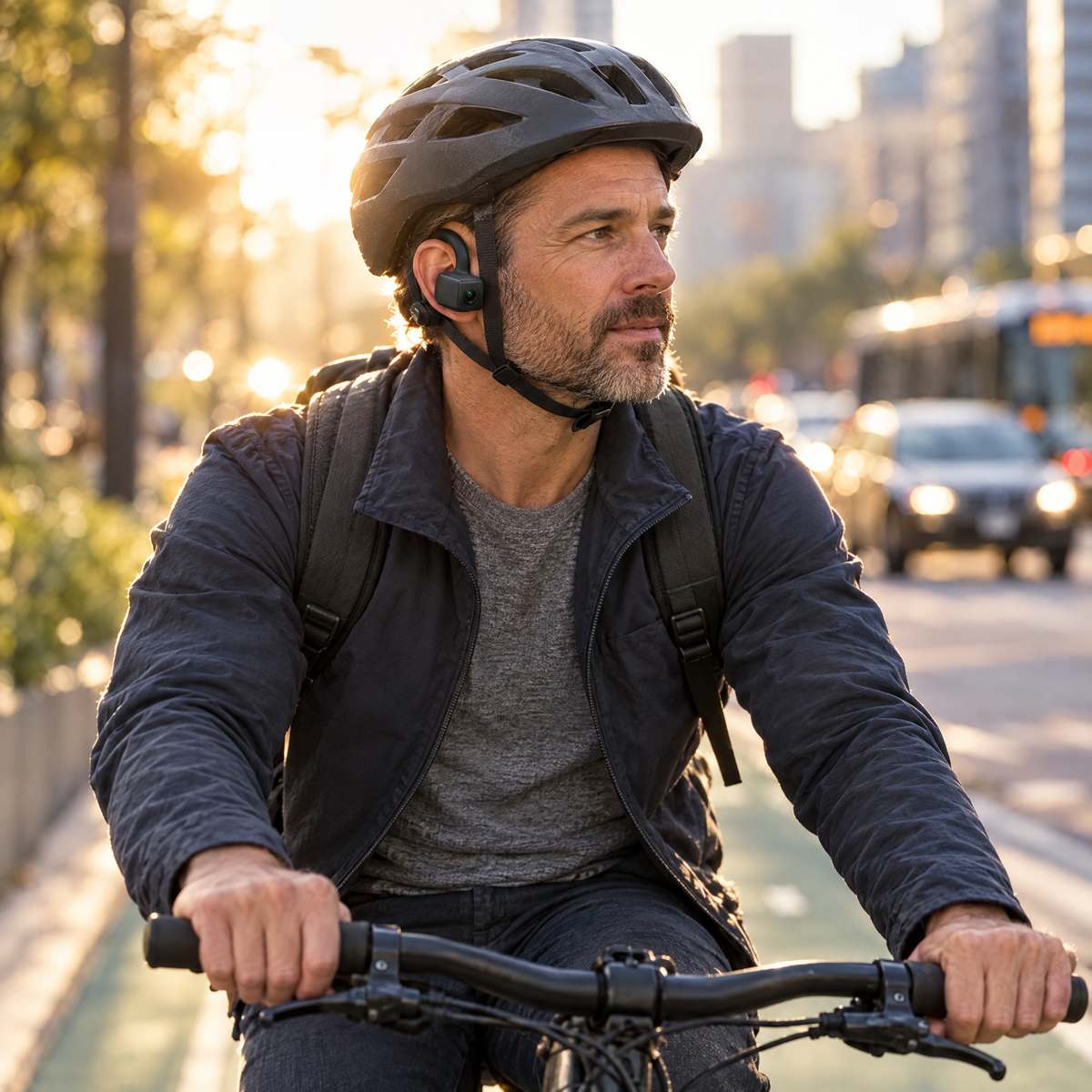 Commuter cycling in the city with black Wanderlens camera headphones
