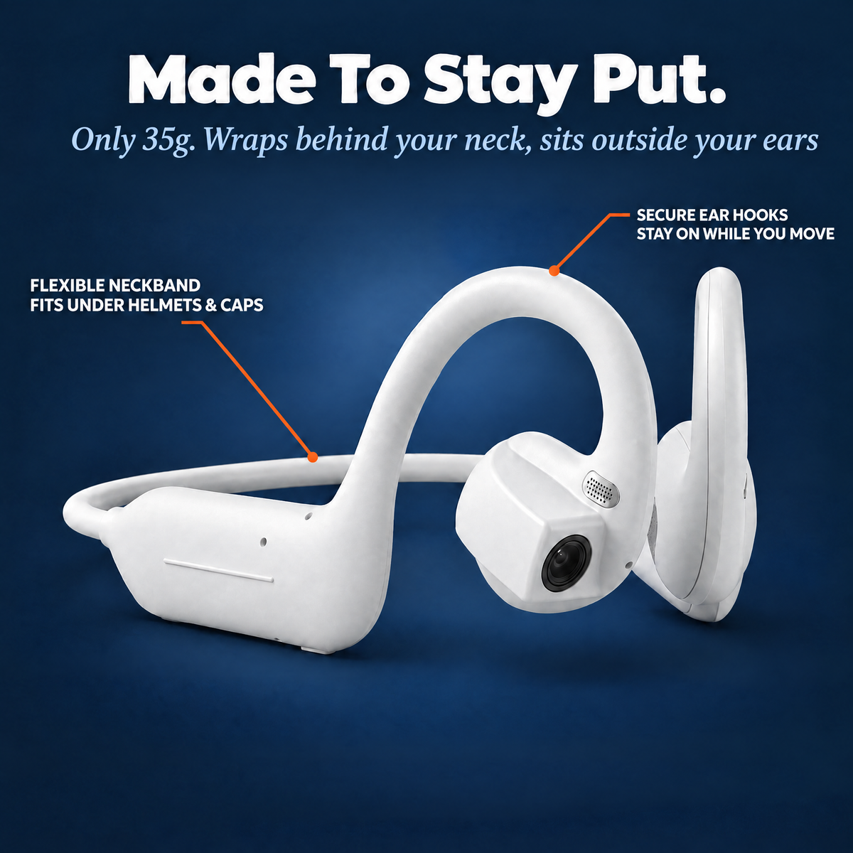 Made to stay put: 35g, wraps behind your neck, sits outside your ears