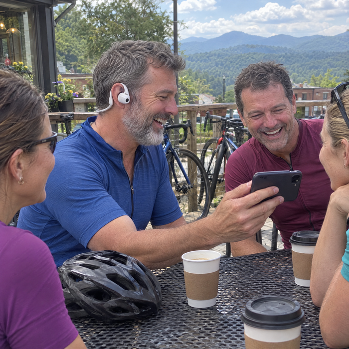 Customer photo: coffee stop with Wanderlens headphones