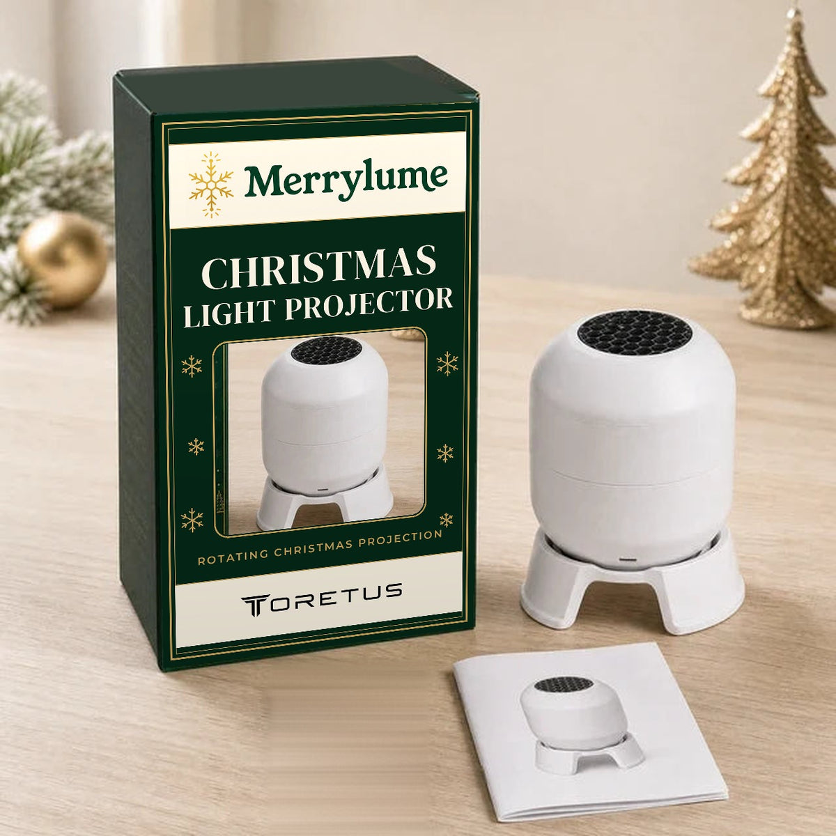 What's in the box: Merrylume projector, stand and quick-start guide