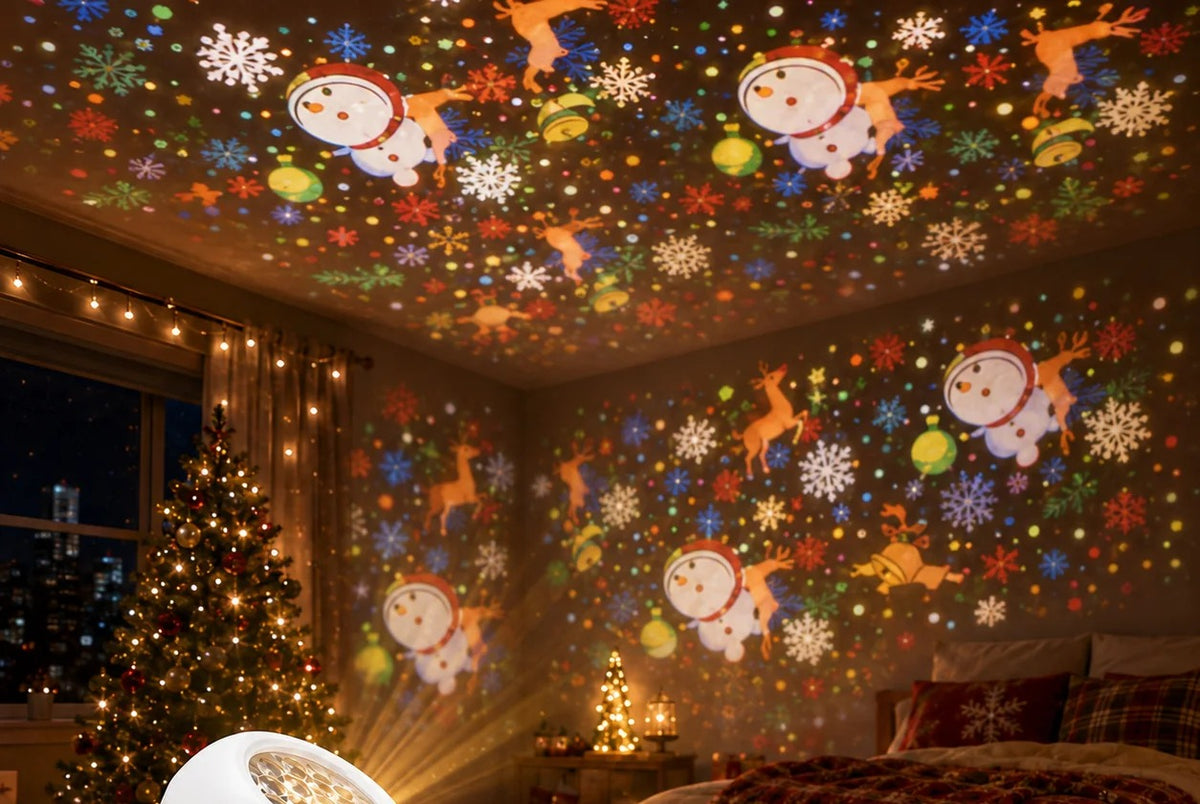 Bedroom ceiling covered in projected snowmen, reindeer and snowflakes