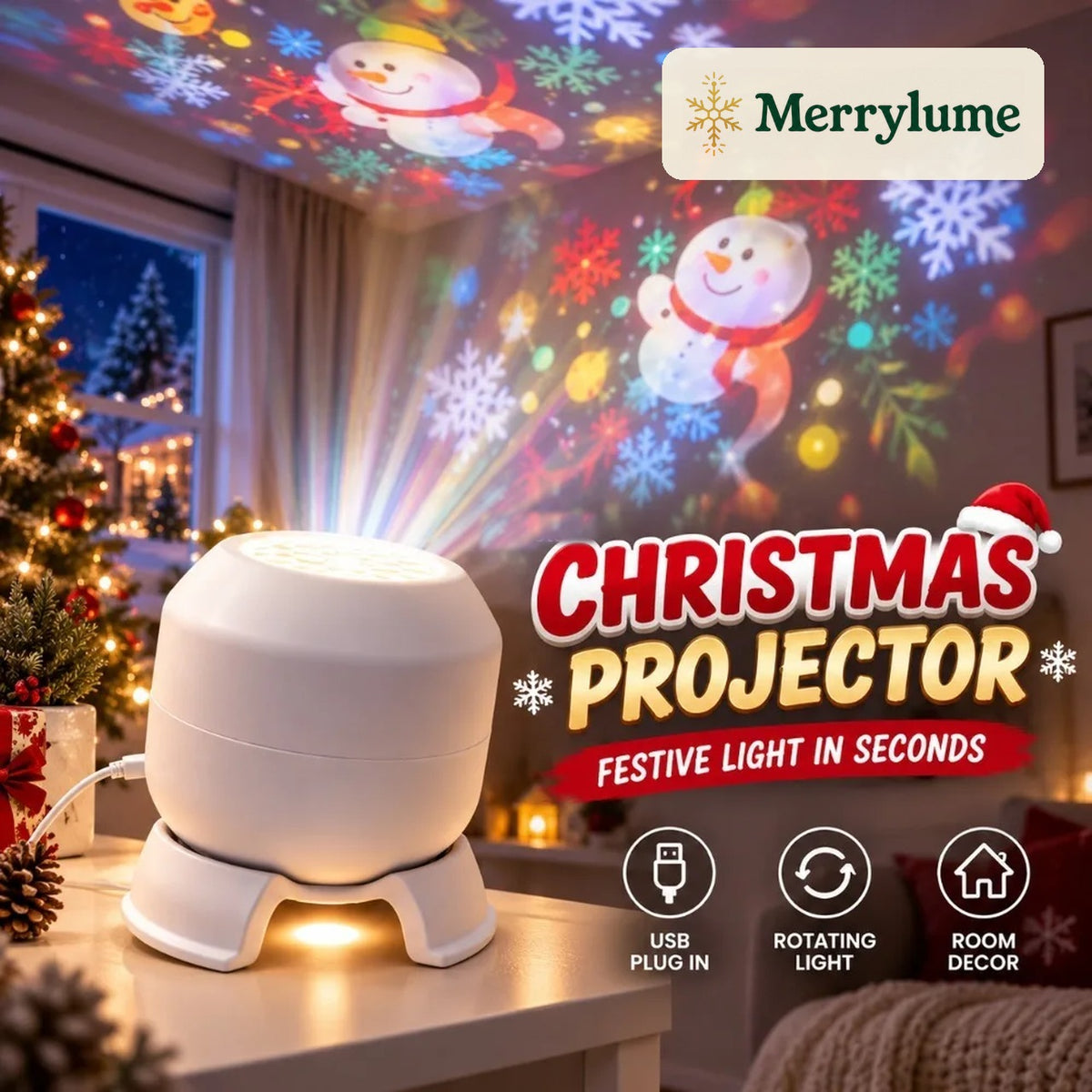 Merrylume Christmas projector casting snowmen and snowflakes on the ceiling
