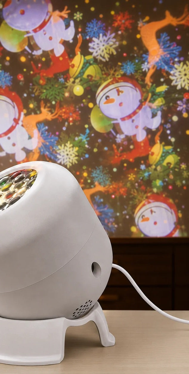 Customer photo: the projector on a table with snowmen on the wall