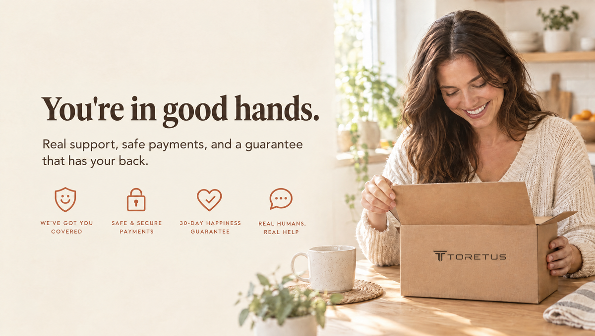 You're in good hands: real support, safe payments, and a 30-day happiness guarantee, Toretus box