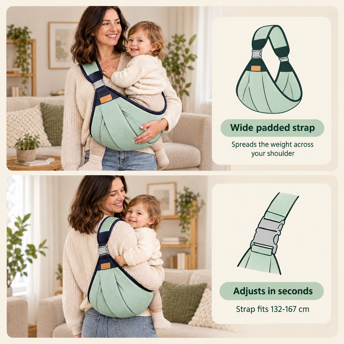 Wide padded strap and a buckle that adjusts in seconds