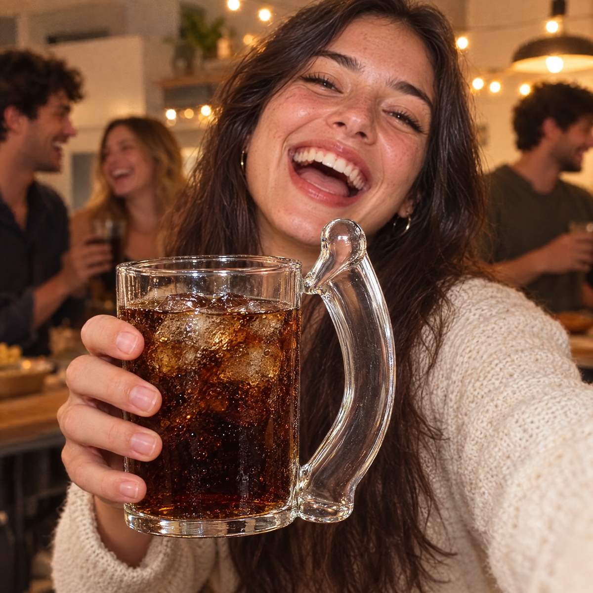 Friends laughing while holding the Saucy Sip glass